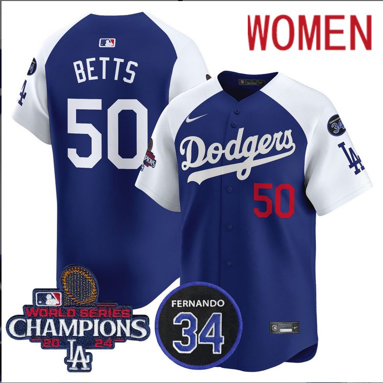 Women MLB Los Angeles Dodgers  #50 Betts blue 2024 World Series Champions Patch Limited Jersey style 3